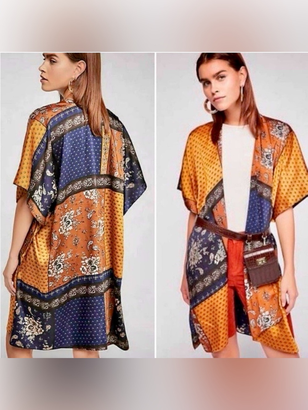 Free People Mon Cheri Silky Patchwork Kimono OS Boho